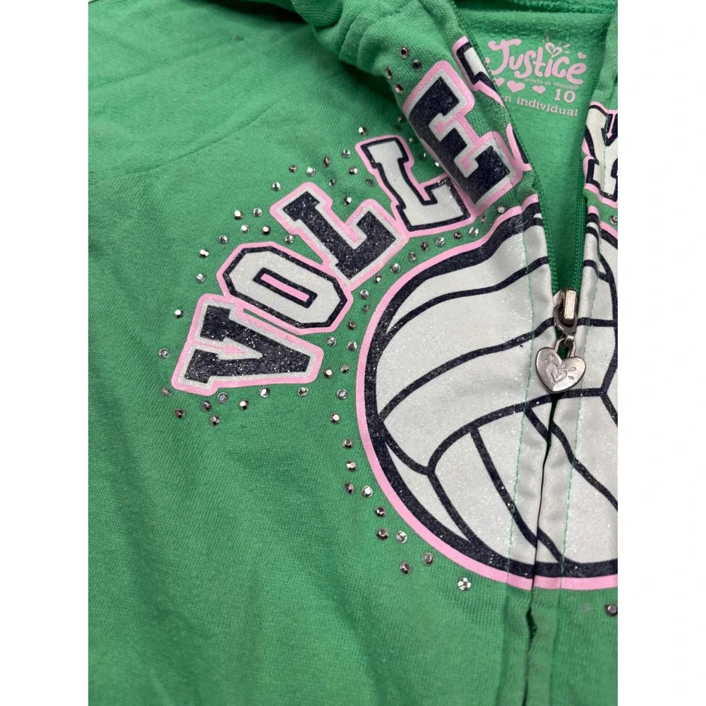 Justice Girls Green Volleyball Graphic Zip Up Hoodie Sweatshirt Size 10